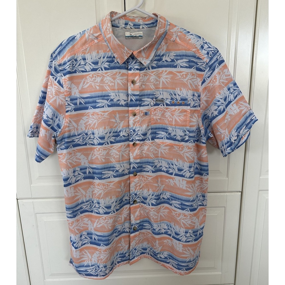 Columbia PFG Outdoor Shirt Mens Orange Blue Striped S/S Polyester Stretch Size M